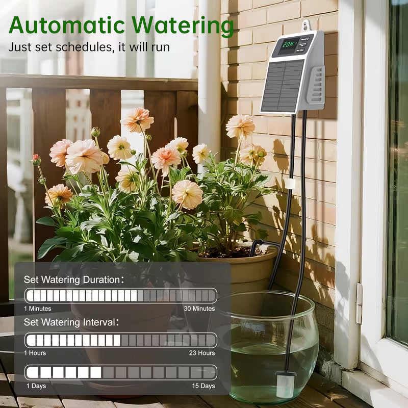 Sistema de Irrigação Solar por Gotejamento - Temporizador de Rega Automática para Plantas Suspensas, Varandas e Estufas
