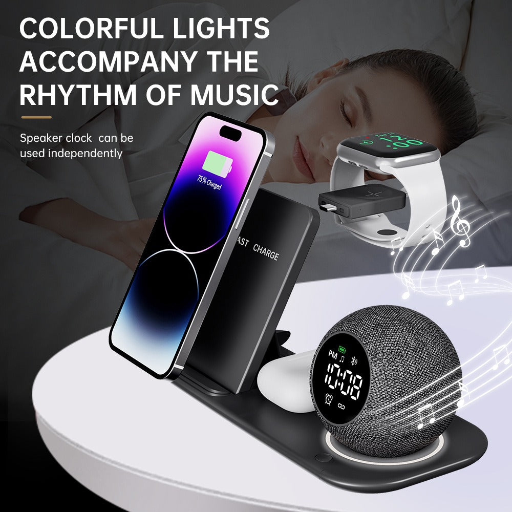 Relógio 6 em 1: celular, fones de ouvido, carregamento sem fio, alarme, alto-falante Bluetooth e luz noturna.