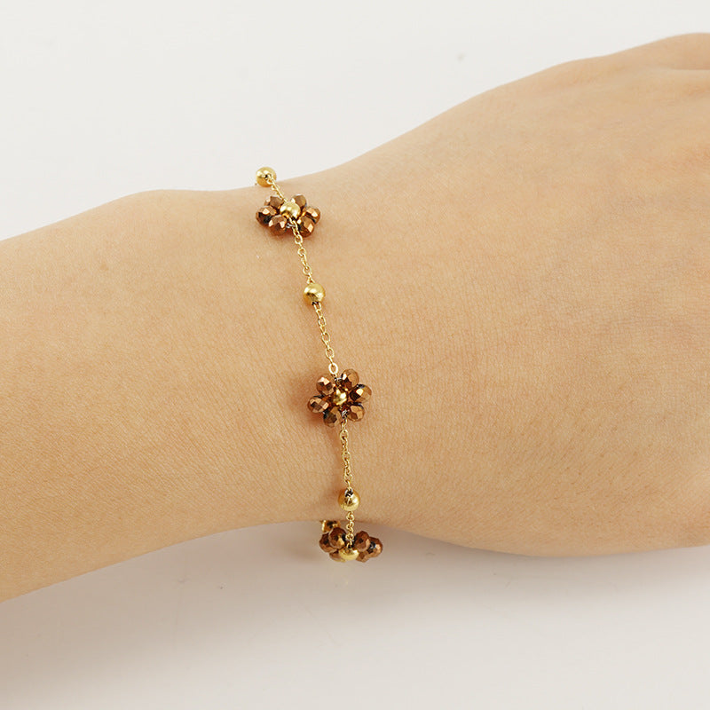 Pulseira versátil em aço inoxidável com estampa floral fresca para mulheres, colar exclusivo em aço titânio.