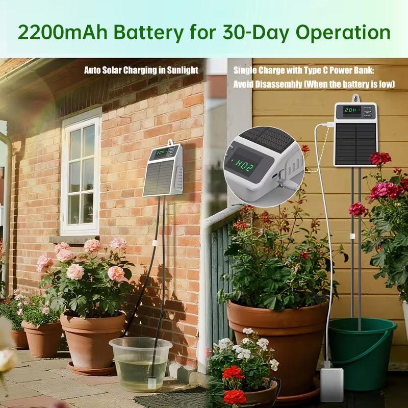 Sistema de Irrigação Solar por Gotejamento - Temporizador de Rega Automática para Plantas Suspensas, Varandas e Estufas
