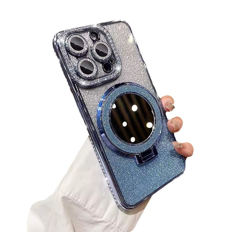Suporte para espelho de maquiagem 16E, compatível com capa para iPhone 16 Pro, com borda magnética brilhante e detalhes em diamante, e capa protetora para Apple 15.