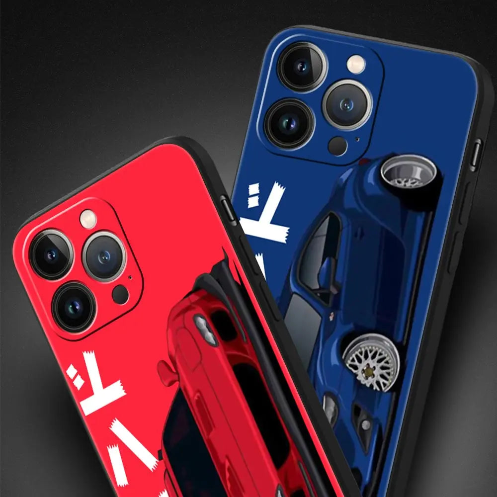 Capa de luxo para iPhone 11 12 13 15 14 Pro Max X XR XS 7 8 Plus SE 2020, preta, macia, inspirada em carros esportivos JDM Tokyo Drift.