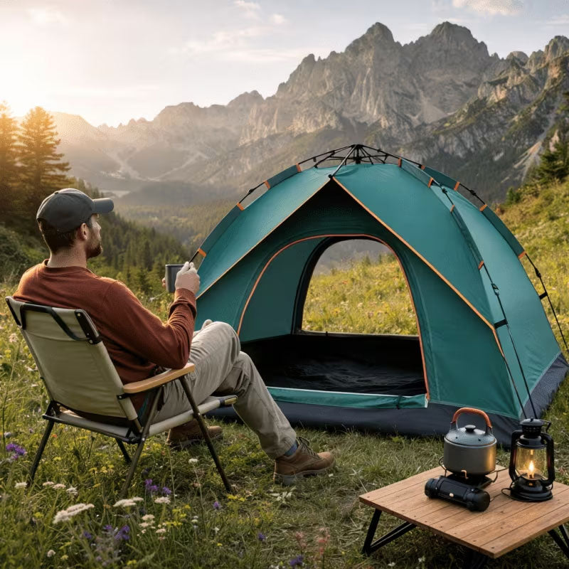 Barraca de camping familiar tipo túnel, com 2 quartos e camada dupla, para 3 a 12 pessoas. Impermeável, resistente ao vento e aos raios UV, ideal para trilhas e acampamentos ao ar livre.