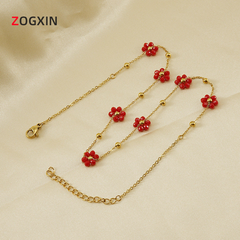Pulseira versátil em aço inoxidável com estampa floral fresca para mulheres, colar exclusivo em aço titânio.