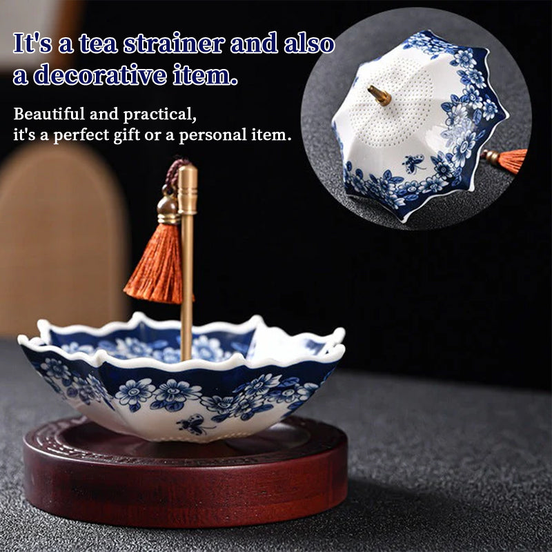 Infusor de chá em porcelana azul e branca em formato de guarda-chuva com borla – Filtro de chá de cerâmica estilo chinês
