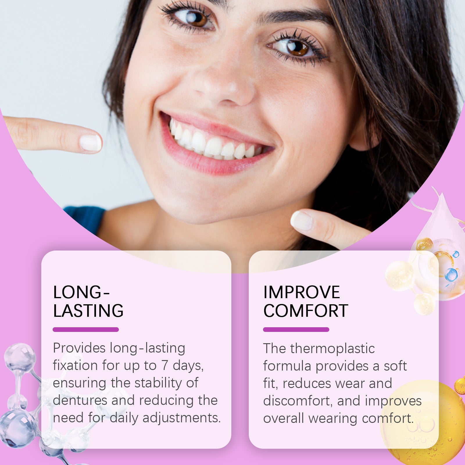 Adesivo termoplástico para dentaduras: mantém a dentadura no lugar, proporcionando maior conforto.
