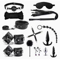 Conjunto de 14 peças de artigos de couro e pelúcia para bondage erótica adulta com plug anal traseiro.