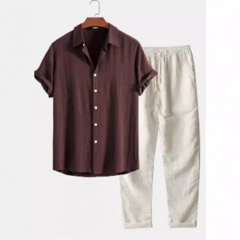Conjunto de terno masculino slim fit em linho e algodão com gola alta