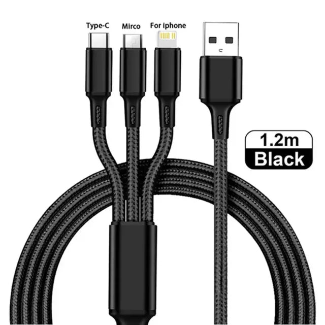 Cabo de carregamento de 1,2 m, 3 em 1, USB tipo C, cabo multiportas micro USB para iPhone 15, 14 Pro Max, Samsung Galaxy, Xiaomi 12.