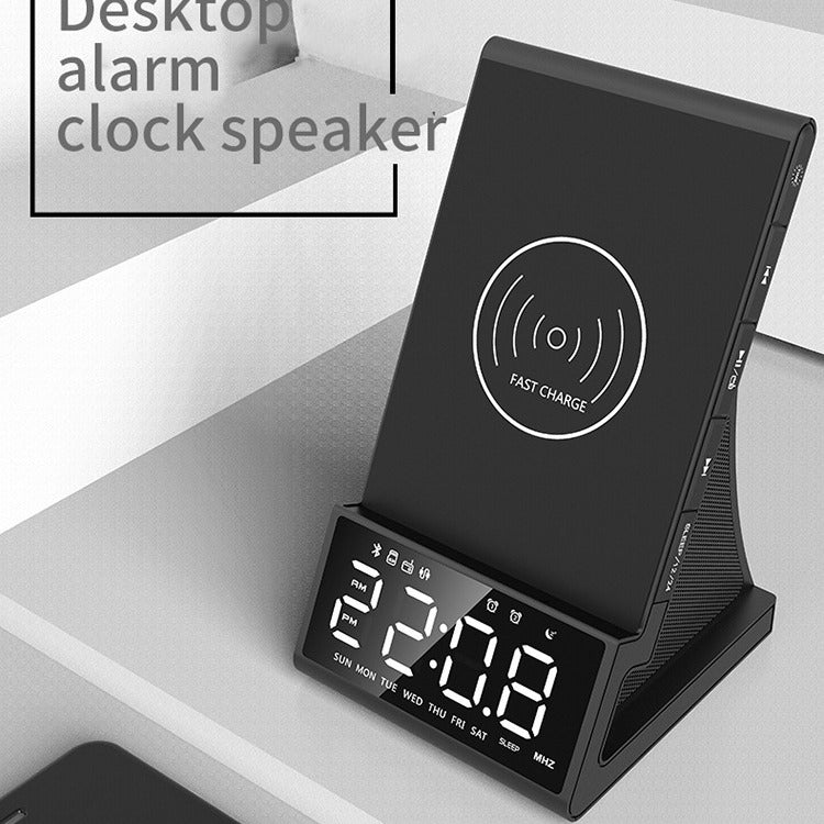 Carregador sem fio três em um, alto-falante Bluetooth, despertador com carregamento sem fio e suporte para celular.