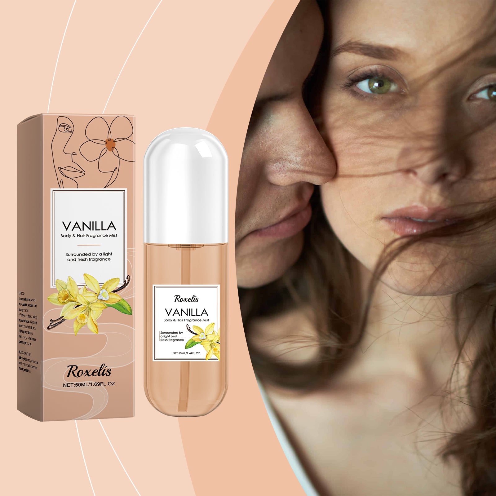 Desodorante Corporal Roxelis Vanilla, Fragrância Natural, Fresca e Leve, Perfume Diário para o Corpo e Cabelo.