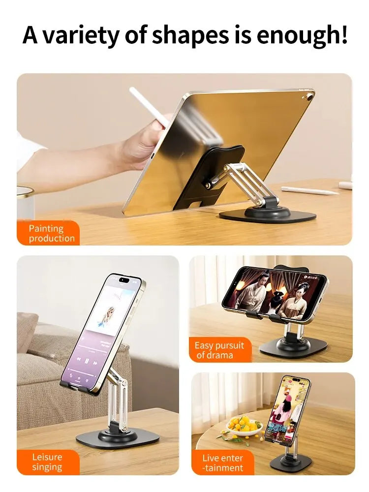 Suporte multifuncional dobrável e giratório 360° para celular, tablet e mesa.