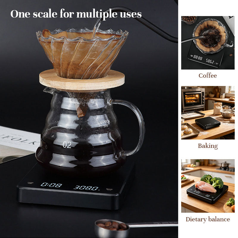 Balança de café de alta precisão 3kg/0,1g com temporizador - Recarregável via USB, à prova d'água, com visor LED, ideal para espresso e métodos de preparo por gotejamento.