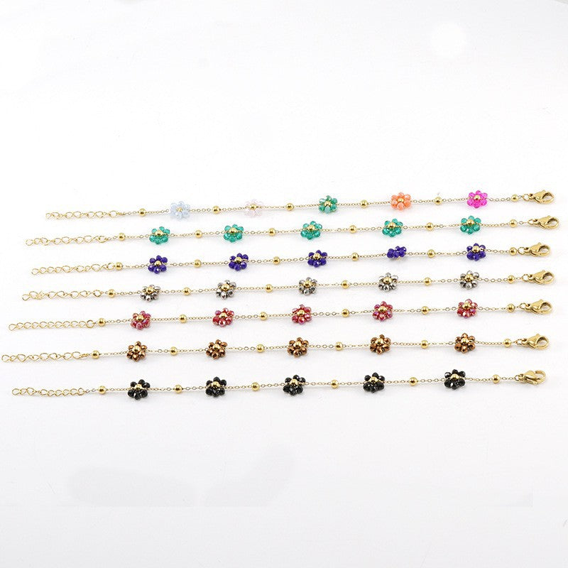 Pulseira versátil em aço inoxidável com estampa floral fresca para mulheres, colar exclusivo em aço titânio.