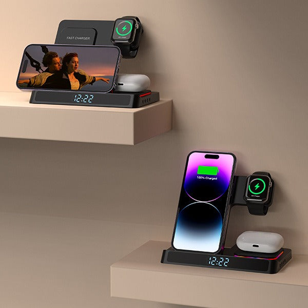 Base de carregamento sem fio quatro em um dobrável, compatível com carregamento sem fio de iPhones e Apple Watches de 14 polegadas.