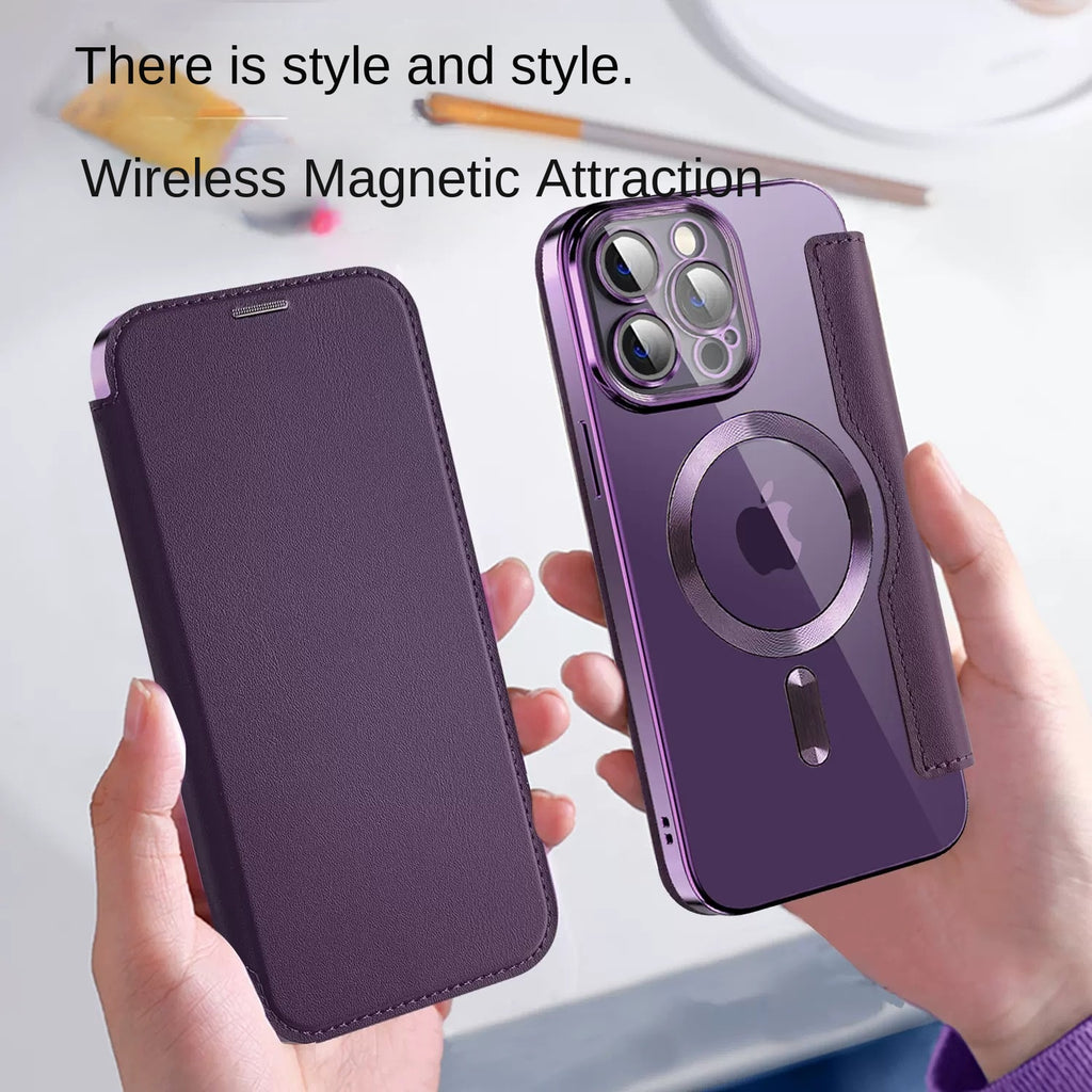 Capa de couro com proteção dourada, revestimento eletroplástico e fecho magnético, compatível com iPhone 16, Apple 15 e 14.