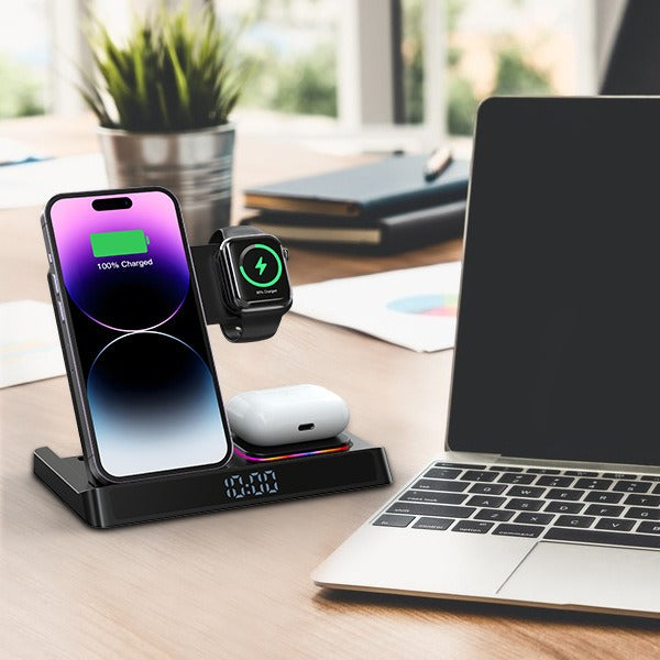 Base de carregamento sem fio quatro em um dobrável, compatível com carregamento sem fio de iPhones e Apple Watches de 14 polegadas.