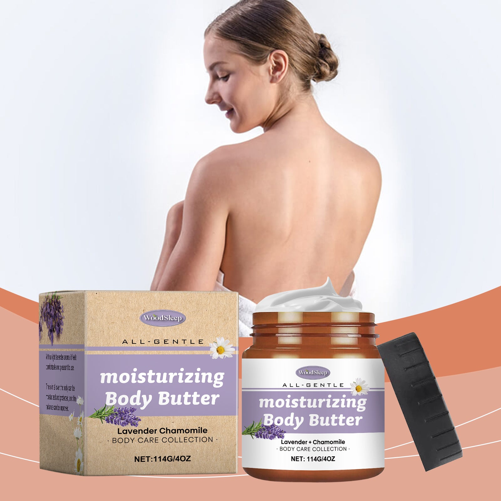 O hidratante corporal WoodSleep com lavanda e camomila hidrata profundamente toda a pele.
