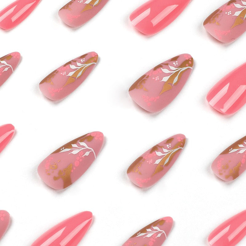 Unhas postiças para manicure, unhas rosa, adesivos de unhas com tinta de bolinhas e folha de ouro, adesivos de unhas com flores brancas, unhas removíveis.