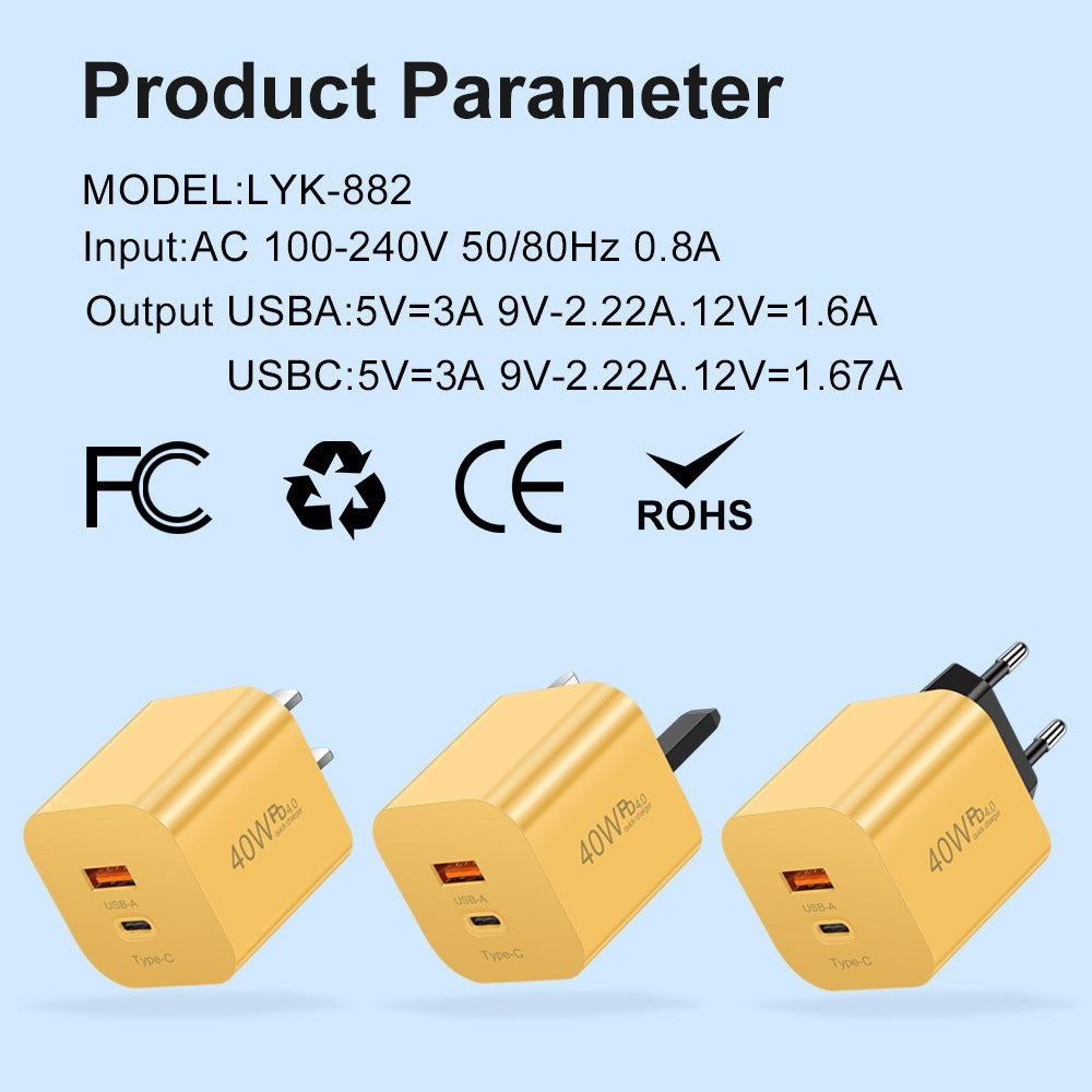 Carregador rápido para celular PD40W com porta USB-C e adaptador de velocidade padrão europeu, americano e britânico.