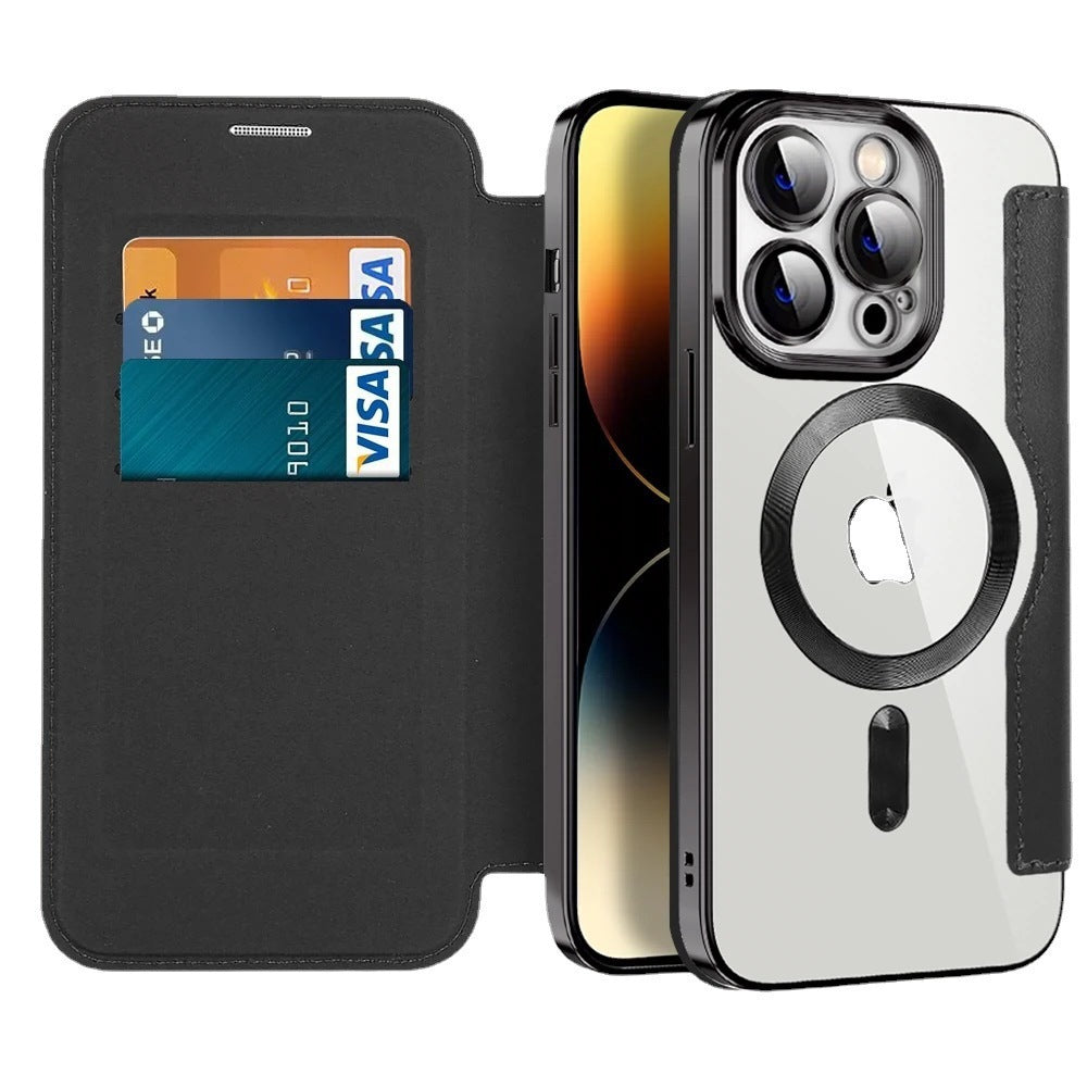 Capa de couro com proteção dourada, revestimento eletroplástico e fecho magnético, compatível com iPhone 16, Apple 15 e 14.