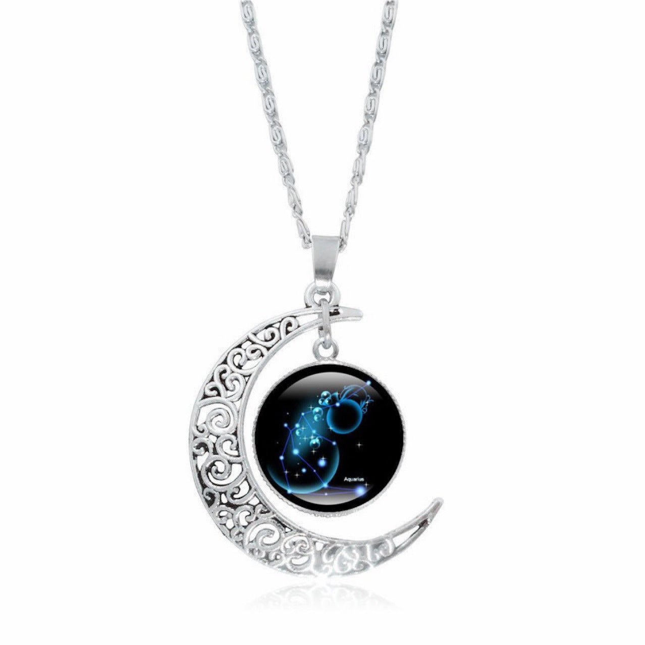 Colar feminino com pingente luminoso de lua prateada, símbolo do zodíaco.