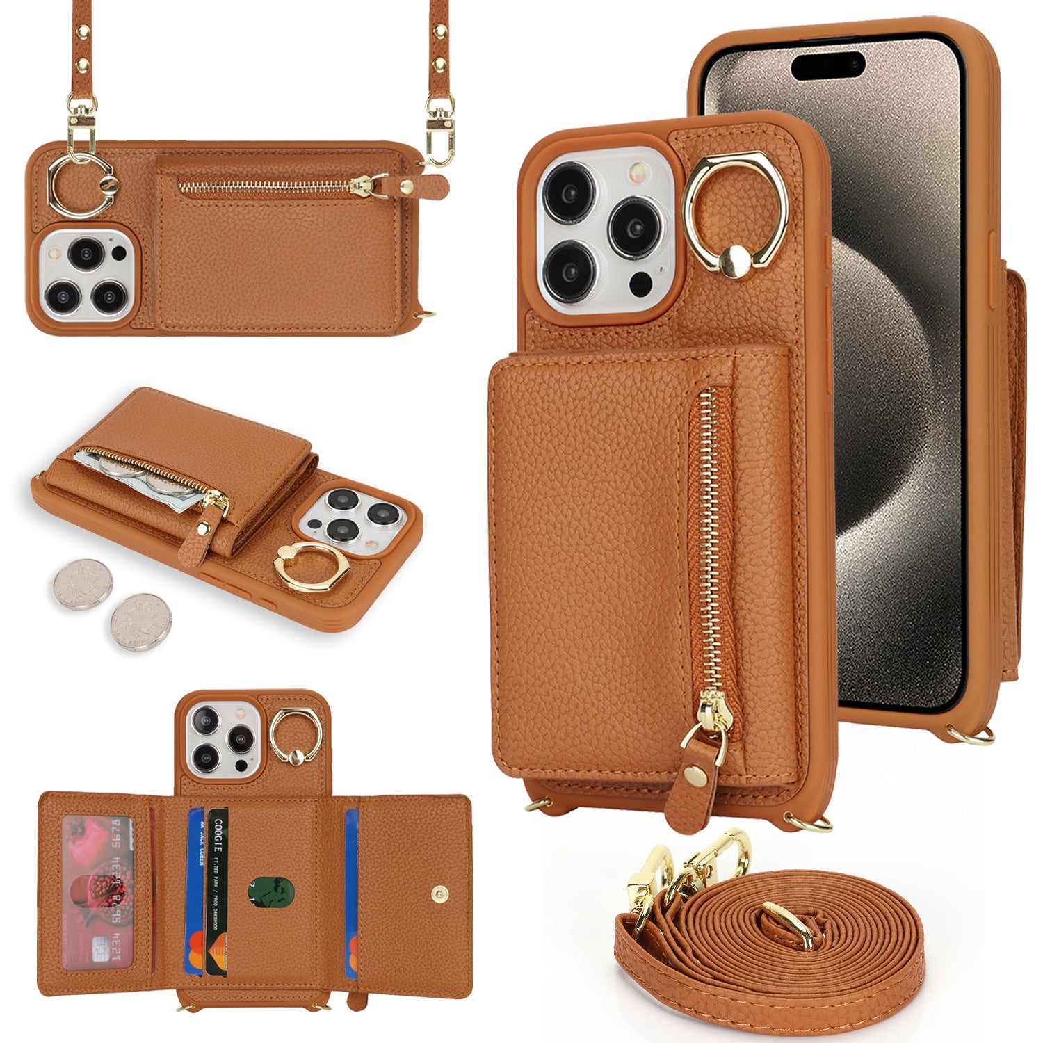 Capa protetora multifuncional com zíper, porta-moedas e compartimento diagonal para iPhone 17 e 14 Pro.