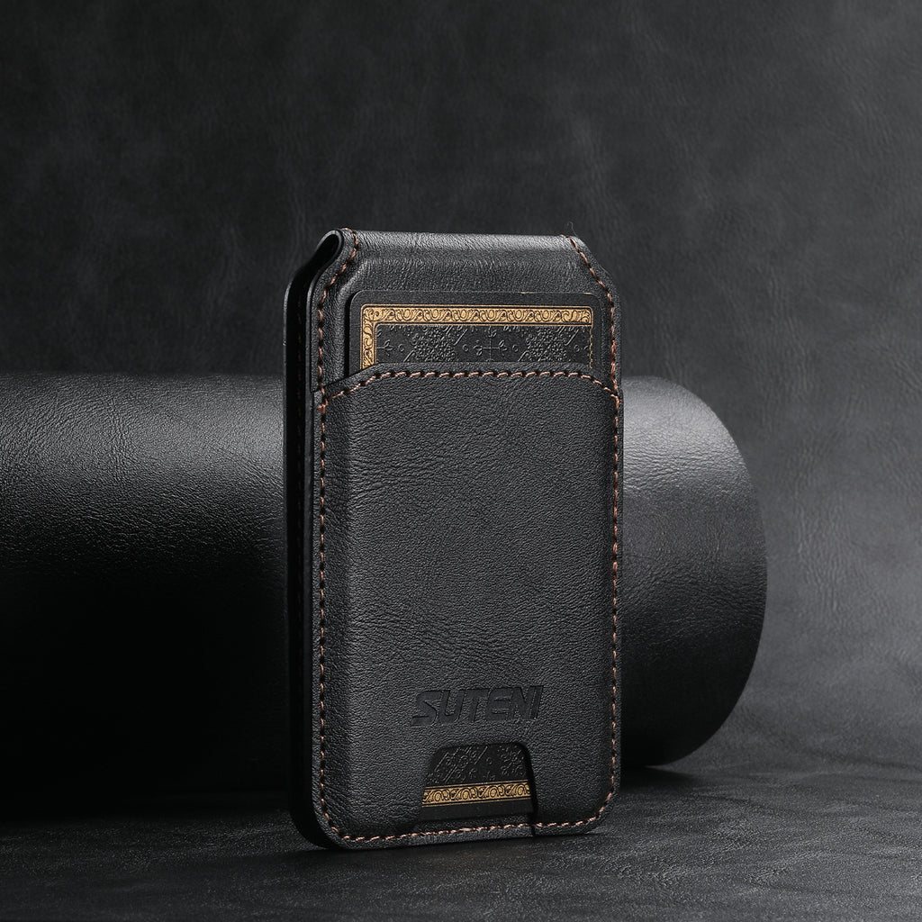 Compatível com Apple 15 Pro Max, suporte magnético universal para celular Android, anel magnético MagSafe e couro PU.