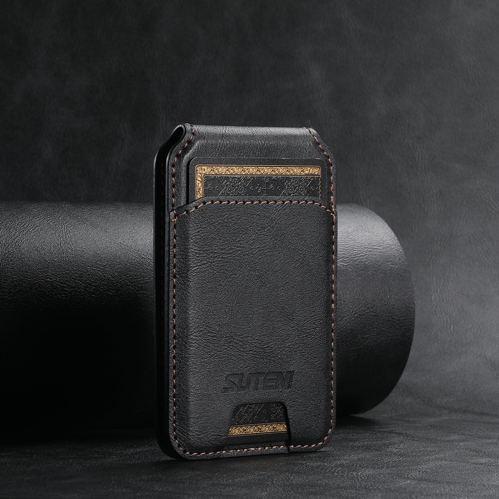 Compatível com Apple 15 Pro Max, suporte magnético universal para celular Android, anel magnético MagSafe e couro PU.