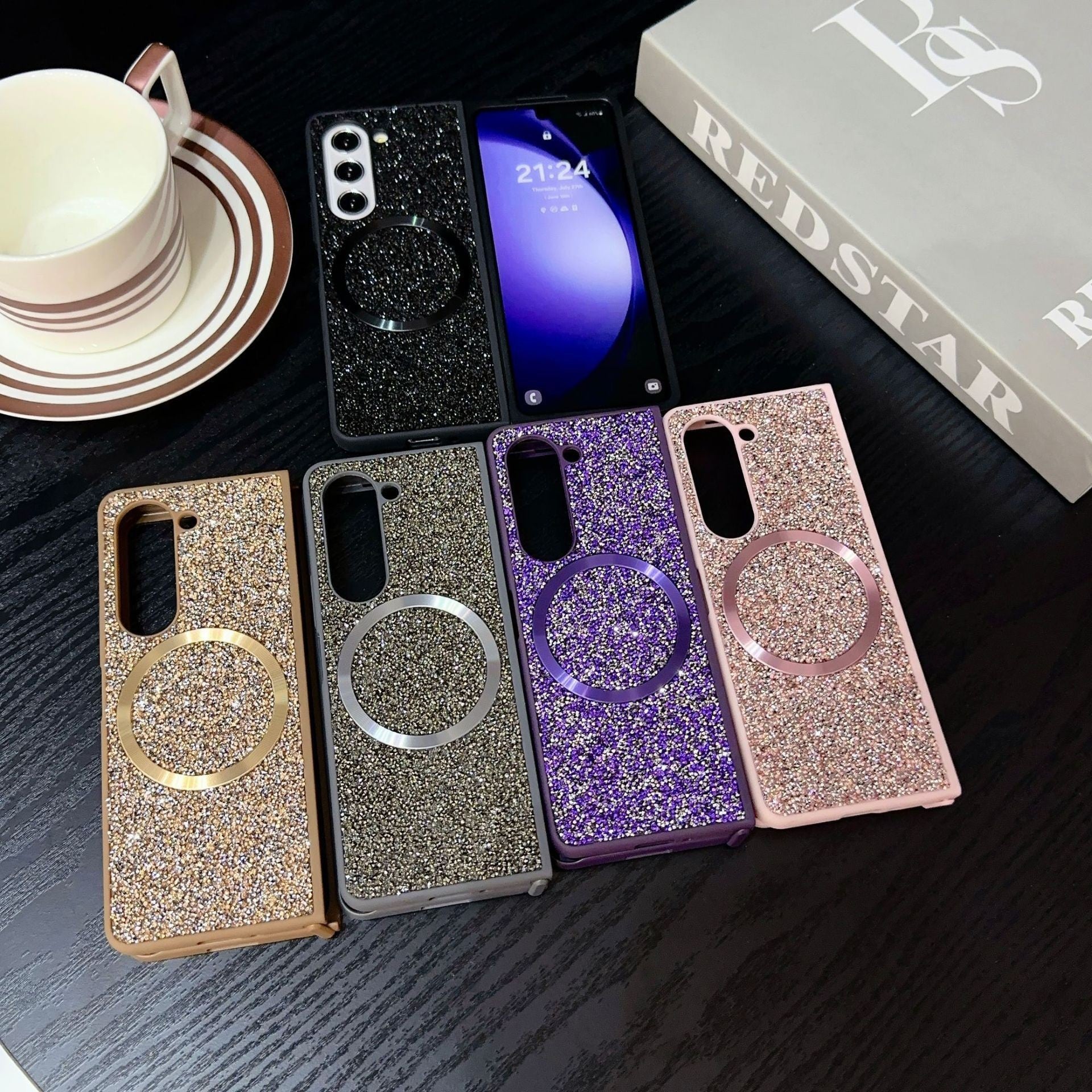 Capa para Samsung Z Fold 6, compatível com tela dobrável, capa protetora para Z Fold 5/W24 e capa magnética com glitter para Z Fold 3/4.