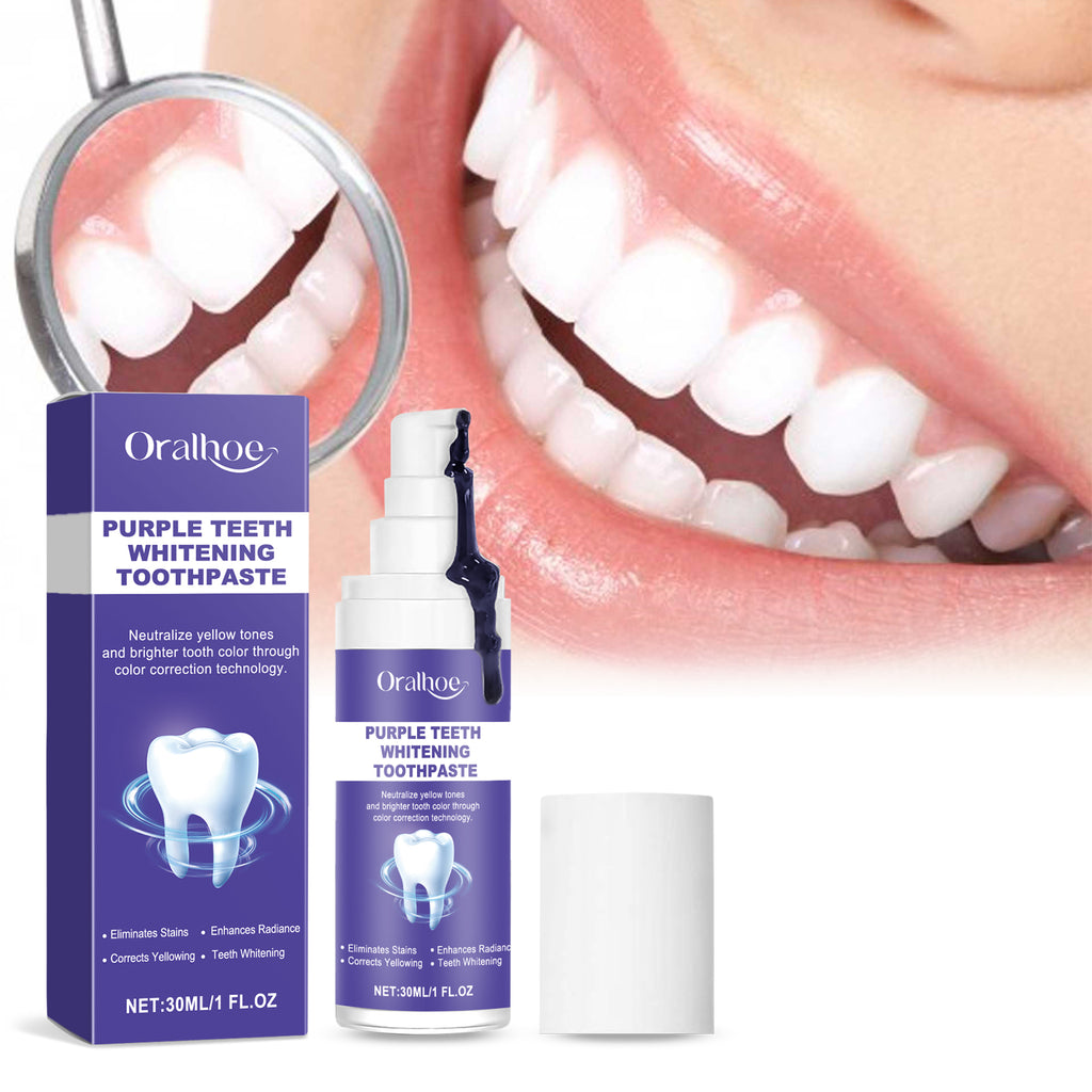Creme dental Oralhoe Purple Brightening: Clareia, remove manchas, melhora a aparência dos dentes amarelados, proporciona limpeza suave e cuida da higiene bucal.