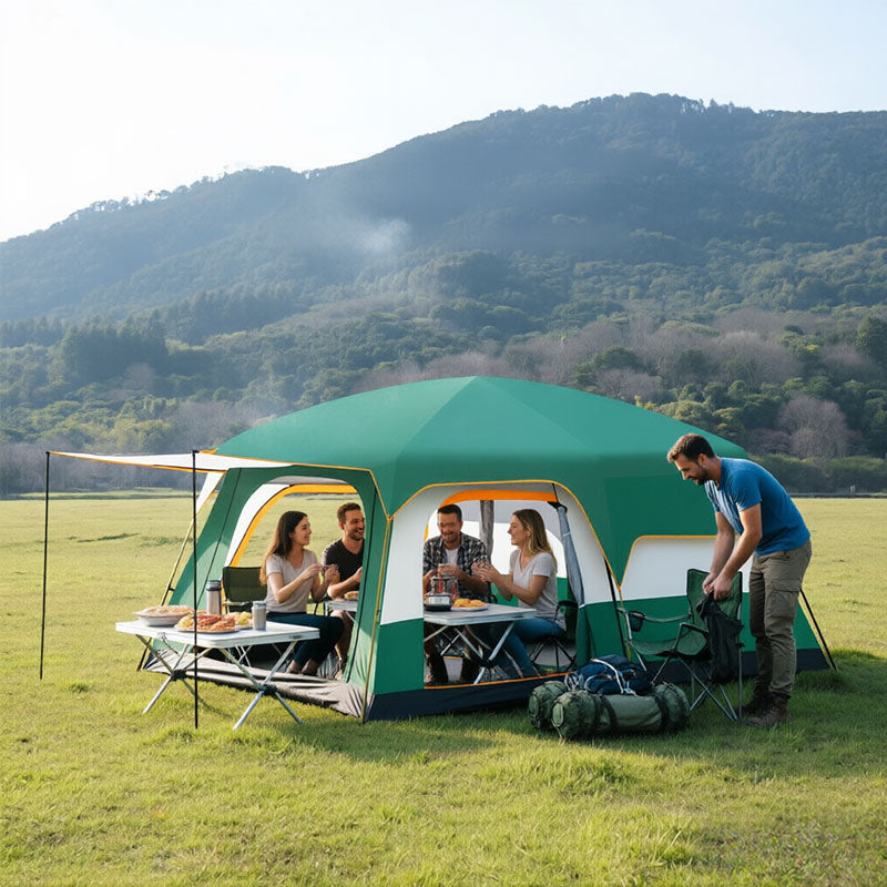 Barraca de camping familiar tipo túnel, com 2 quartos e camada dupla, para 3 a 12 pessoas. Impermeável, resistente ao vento e aos raios UV, ideal para trilhas e acampamentos ao ar livre.