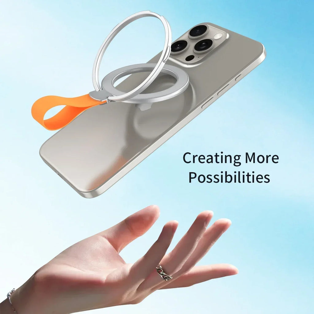 Suporte magnético de anel para celular com MagSafe, com alça, compatível com iPhone 13, 14 e 15, Samsung e Mac. Possui suporte removível e seguro.
