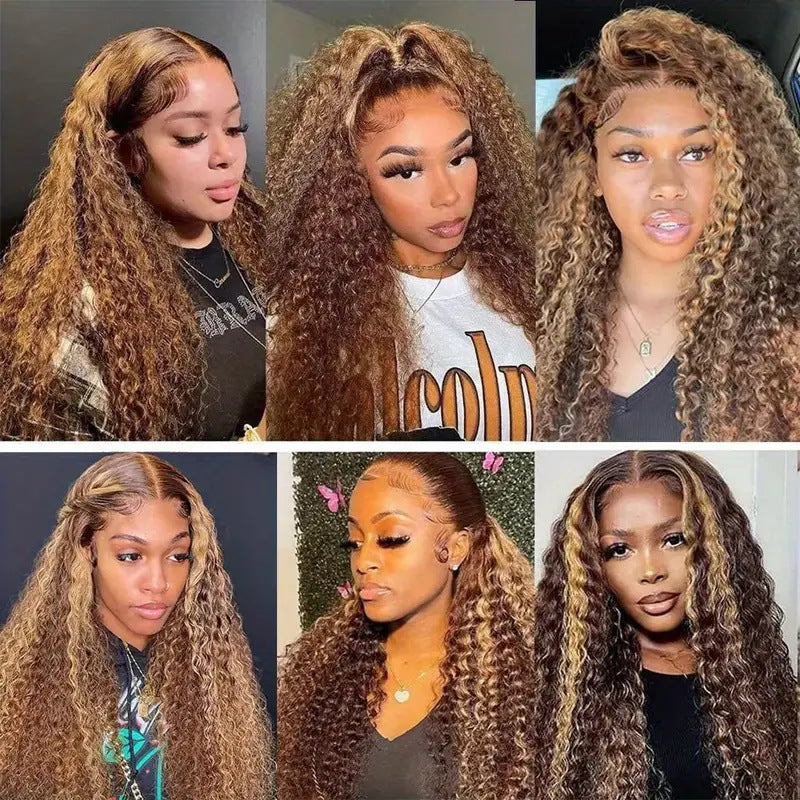 Peruca Lace Wigs 13x4 HD Transparente com Ondas de Água e Mechas Loiro Mel com Ondas de Água