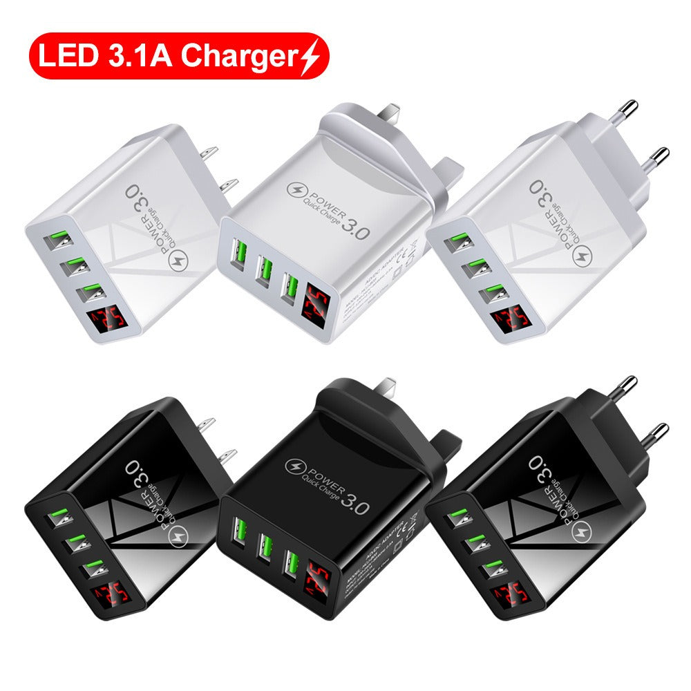 Carregador de celular com visor digital, 3 portas USB, carregamento rápido e várias portas USB.