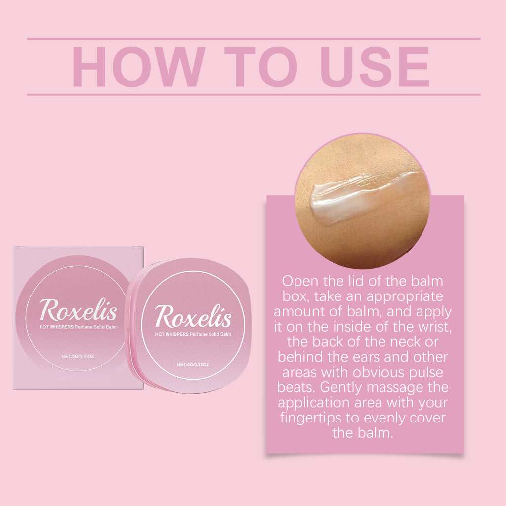 Bálsamo sólido perfumado Roxelis Rose: elegante, refrescante, sedoso e leve, ideal para levar no bolso.