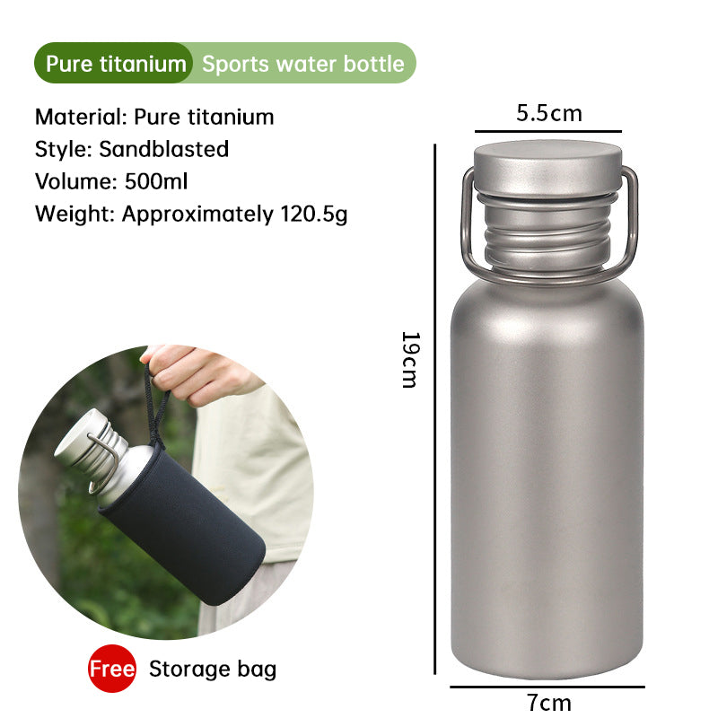 Garrafa de água de titânio puro, leve, com parede simples e boca larga, ideal para esportes, camping e viagens.