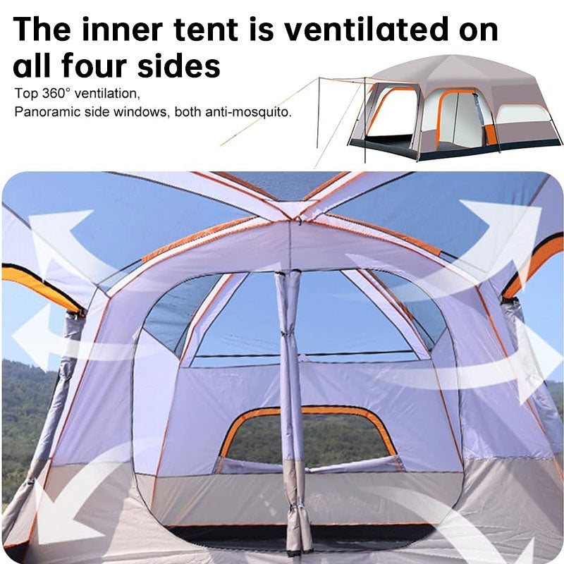 Barraca de camping familiar tipo túnel, com 2 quartos e camada dupla, para 3 a 12 pessoas. Impermeável, resistente ao vento e aos raios UV, ideal para trilhas e acampamentos ao ar livre.