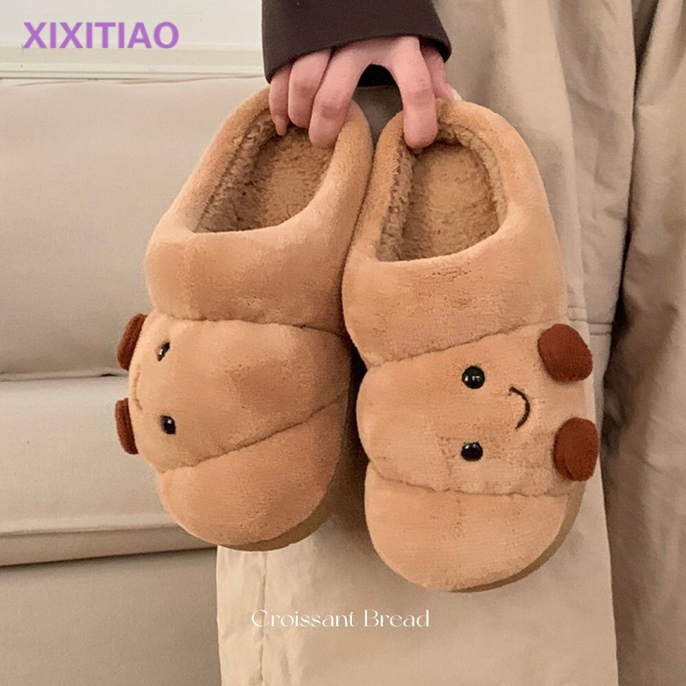 Pantufas de algodão para inverno, unissex, para usar em casa, com estampa fofa de croissant para casais.