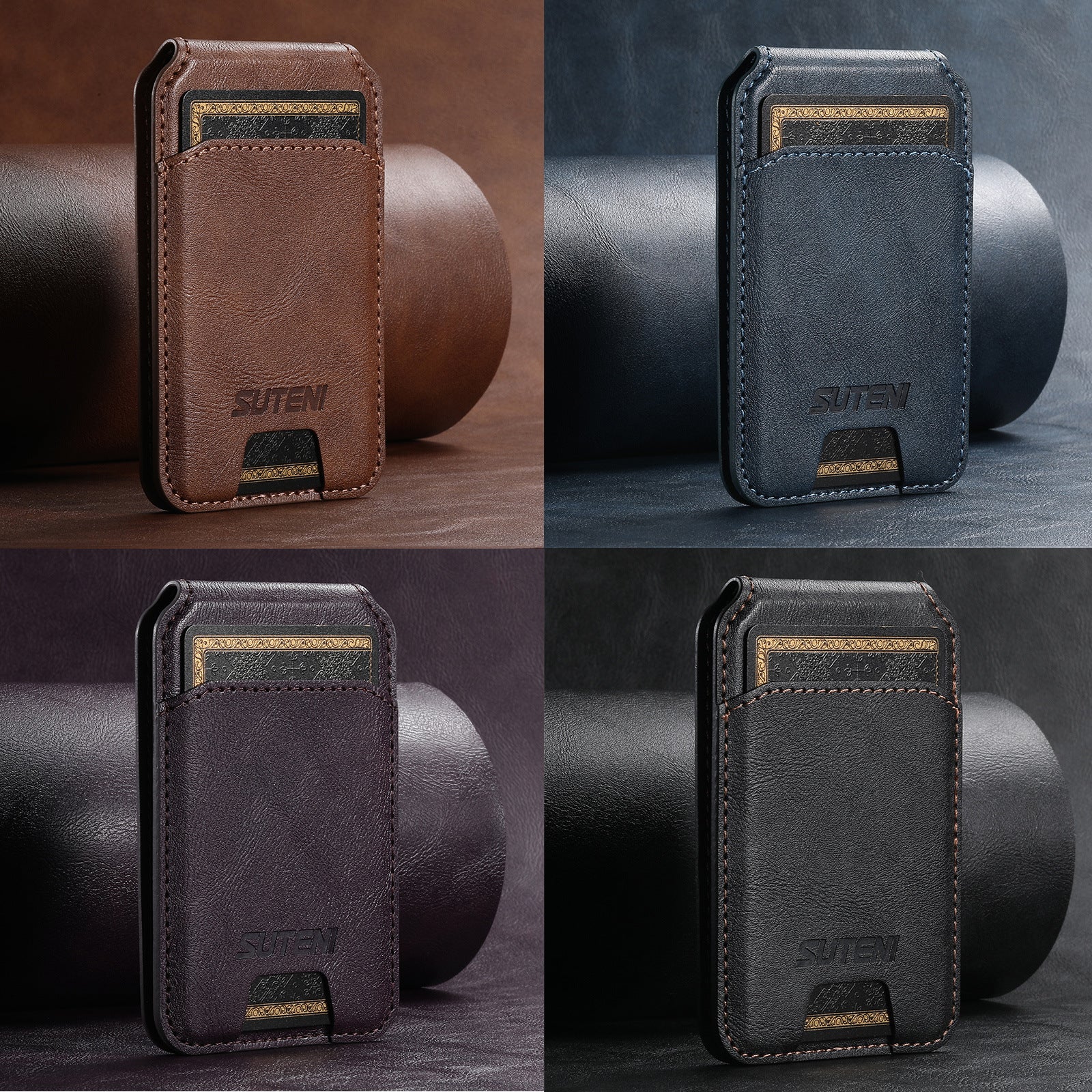 Compatível com Apple 15 Pro Max, suporte magnético universal para celular Android, anel magnético MagSafe e couro PU.