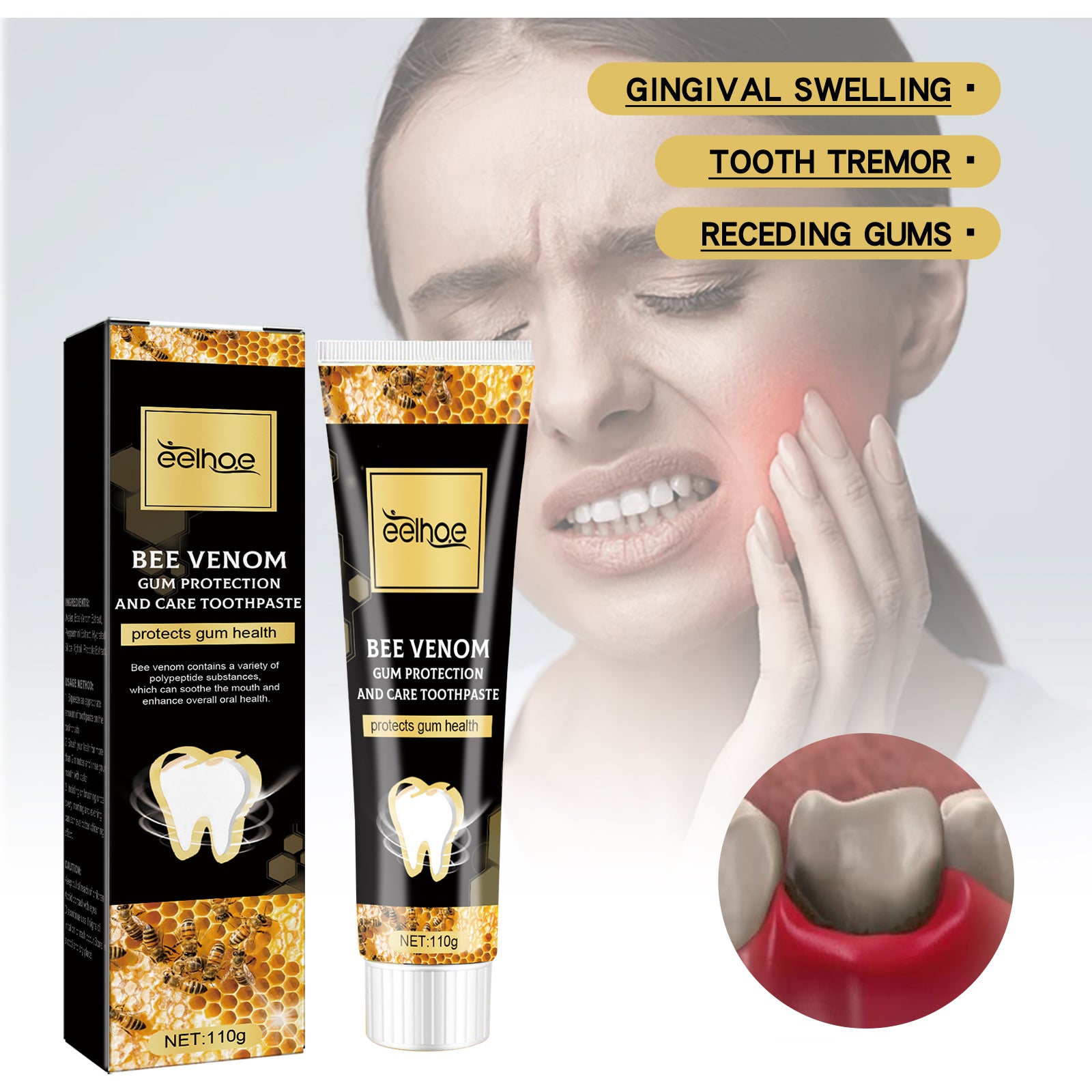 Pasta de dente gengival com veneno de abelha, limpa manchas, refresca o hálito e clareia os dentes.