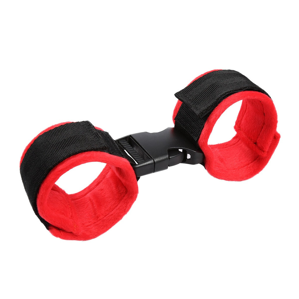 Acessórios para adultos: algemas de tornozelo sexy de nylon para mulheres de cabelo curto, em pelúcia vermelha, para amarrar e flertar. Brinquedo para casais.