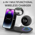 Relógio 6 em 1: celular, fones de ouvido, carregamento sem fio, alarme, alto-falante Bluetooth e luz noturna.