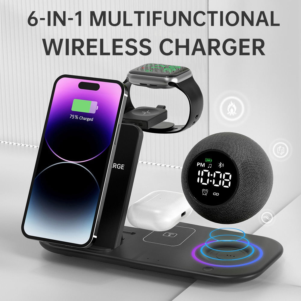 Relógio 6 em 1: celular, fones de ouvido, carregamento sem fio, alarme, alto-falante Bluetooth e luz noturna.