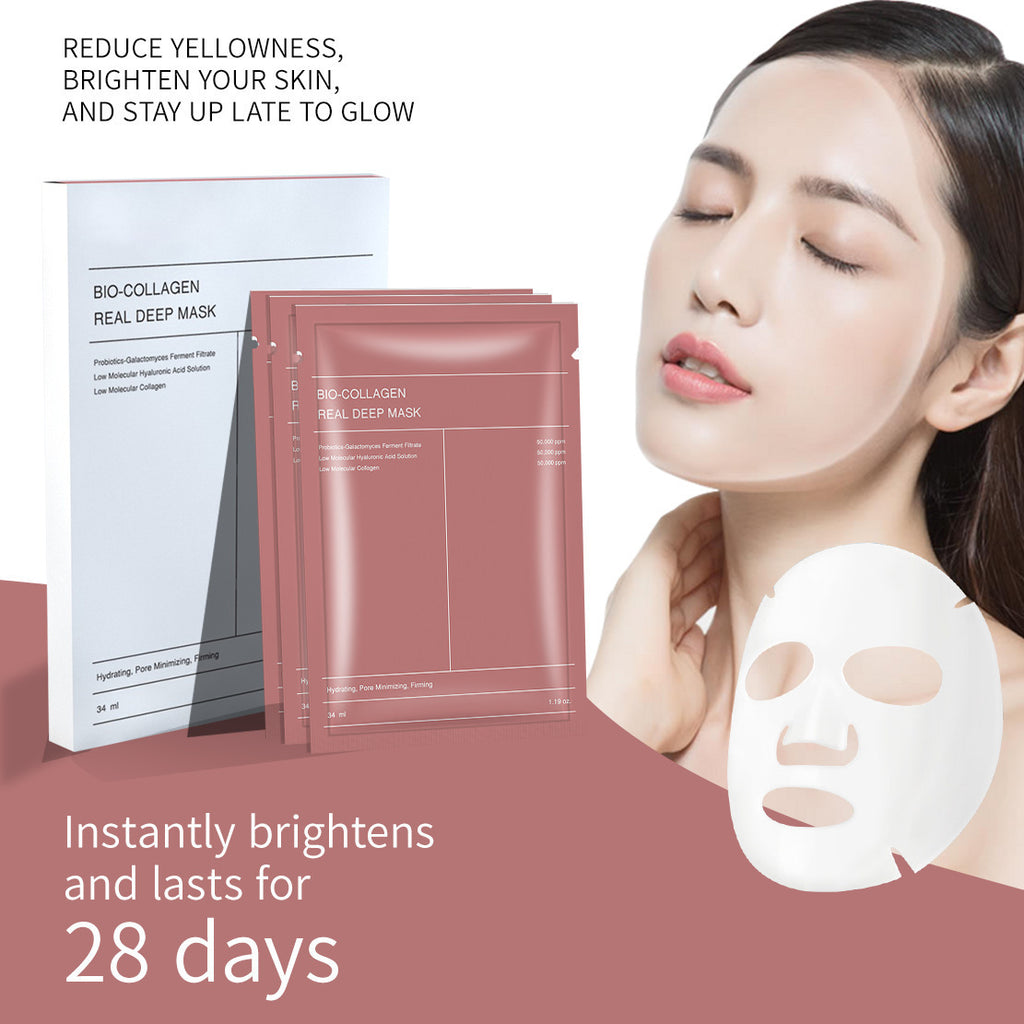 Máscara facial de tecido com bio-colágeno, com efeito de colágeno que varia do branco ao transparente.