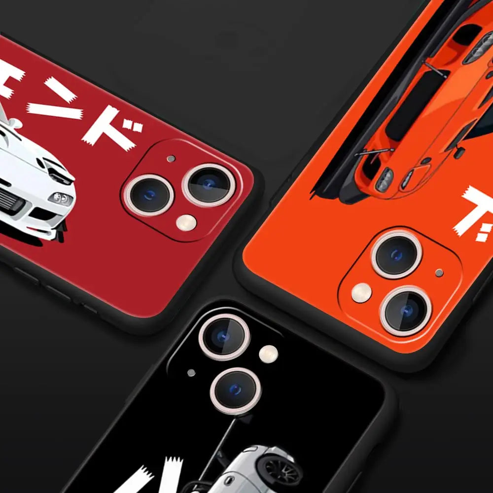 Capa de luxo para iPhone 11 12 13 15 14 Pro Max X XR XS 7 8 Plus SE 2020, preta, macia, inspirada em carros esportivos JDM Tokyo Drift.