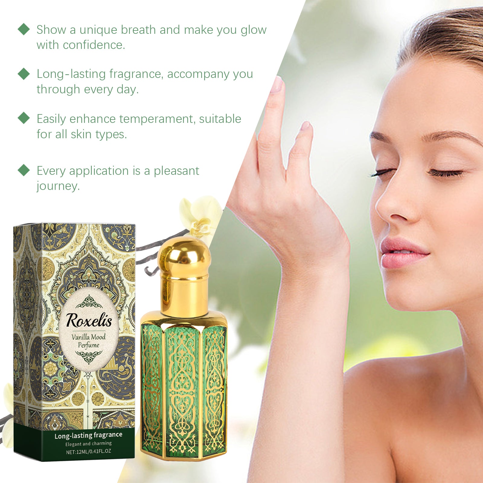 Roxelis Perfume Árabe com Fragrância de Baunilha: Leve, Elegante, Suave, Duradoura, Exala Charme, Ideal para Ambientes Portáteis