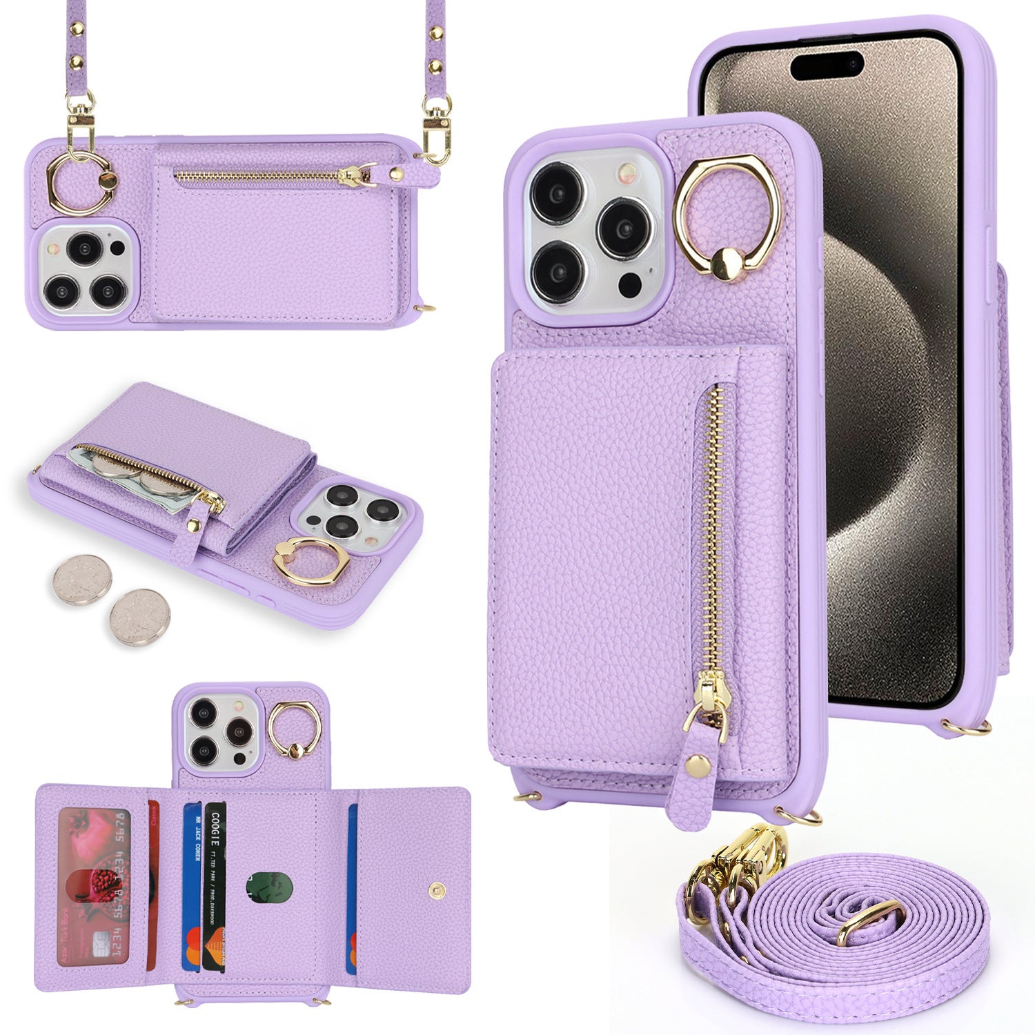 Capa protetora multifuncional com zíper, porta-moedas e compartimento diagonal para iPhone 17 e 14 Pro.