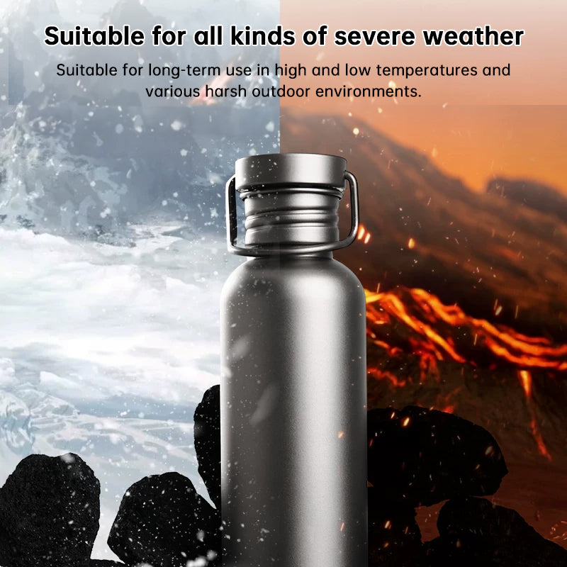 Garrafa de água de titânio puro, leve, com parede simples e boca larga, ideal para esportes, camping e viagens.