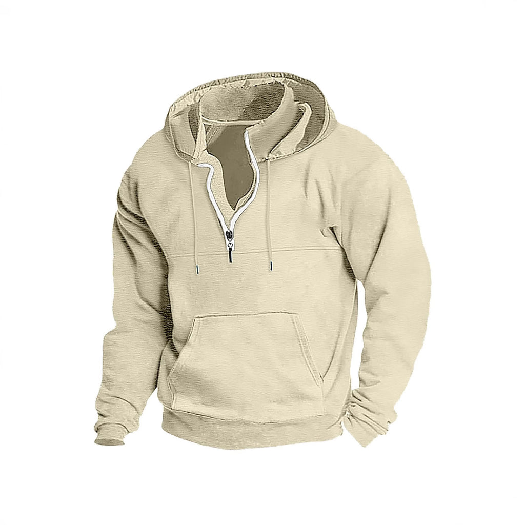 Moletom com capuz casual esportivo de cor sólida com meio zíper e modelo casual.